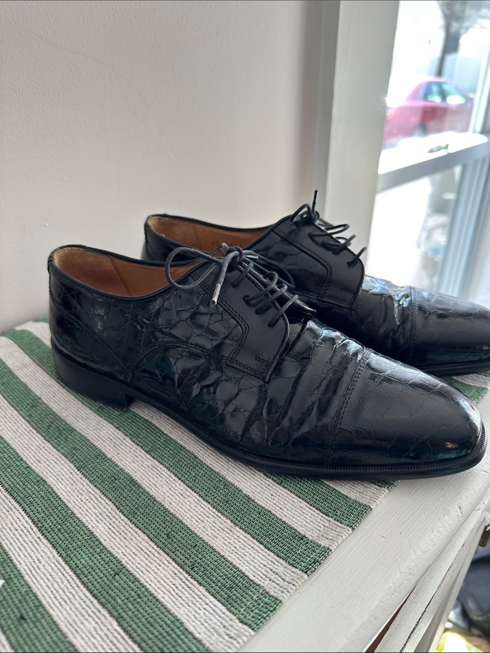 Johnston & Murphy black patent leather oxfords from the premium Cellini line.